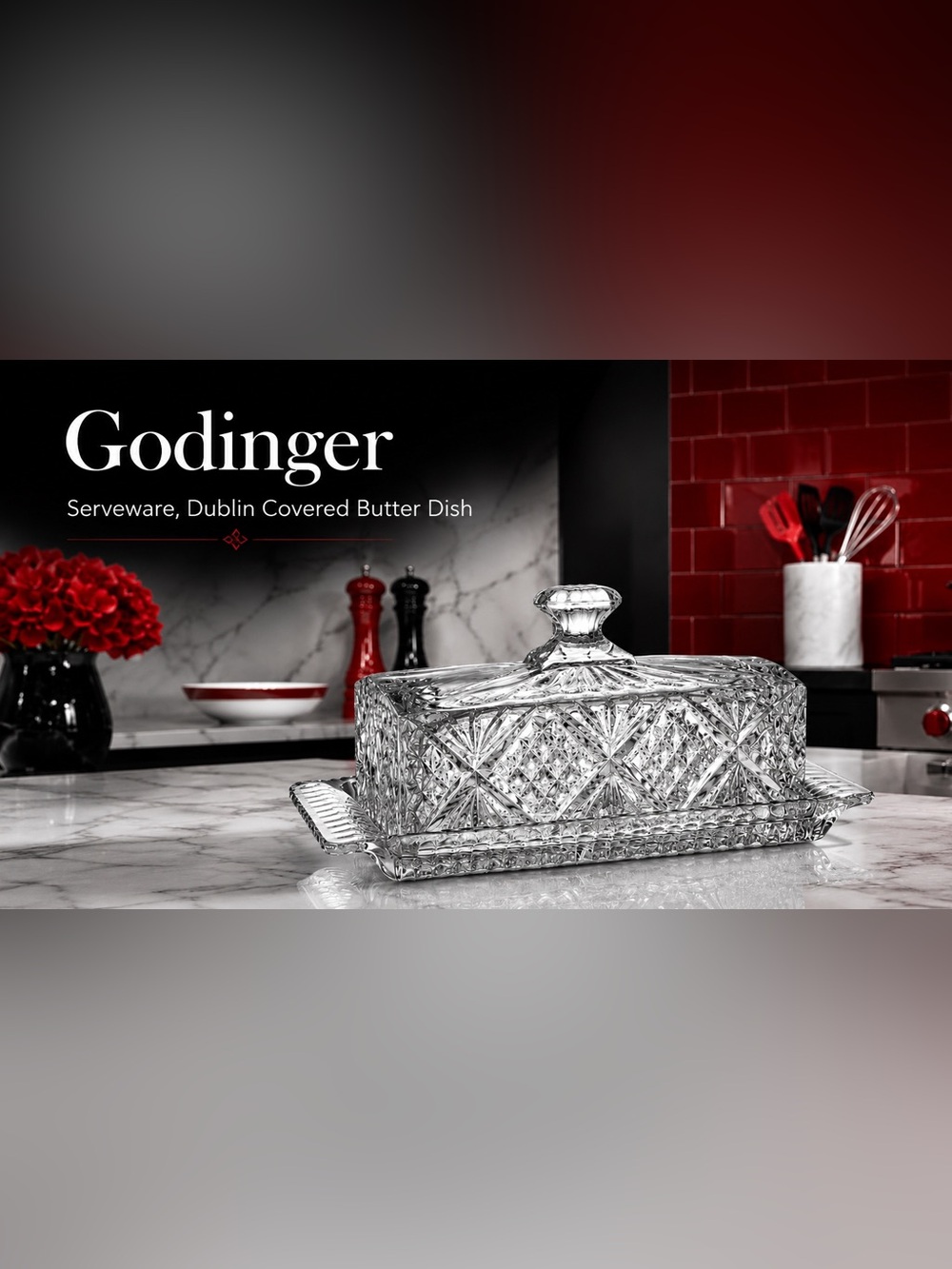 Godinger Dublin Covered Butter Dish Crystal Serveware Elegant Cut Glass Design